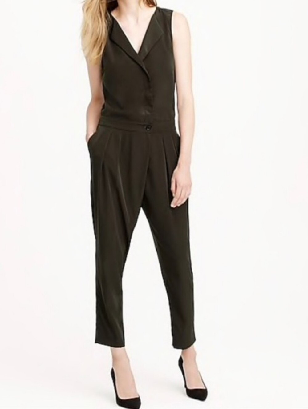 J Crew Trench Jumpsuit Sleeveless Army Green Silky Soft Button Up Classic 2